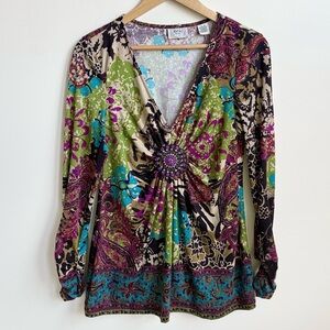 NWT ECI New York Tunic Blouse Medium Paisley Beaded Medallion Y2K Boho Ruched